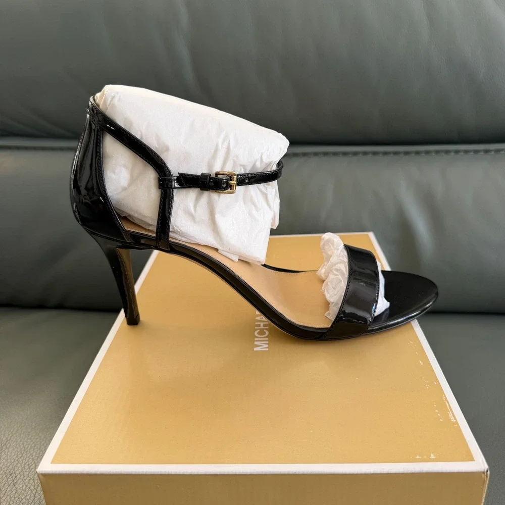 Michael Kors Simone Mid Sandal Black Patent Leather Stiletto Heels 10M